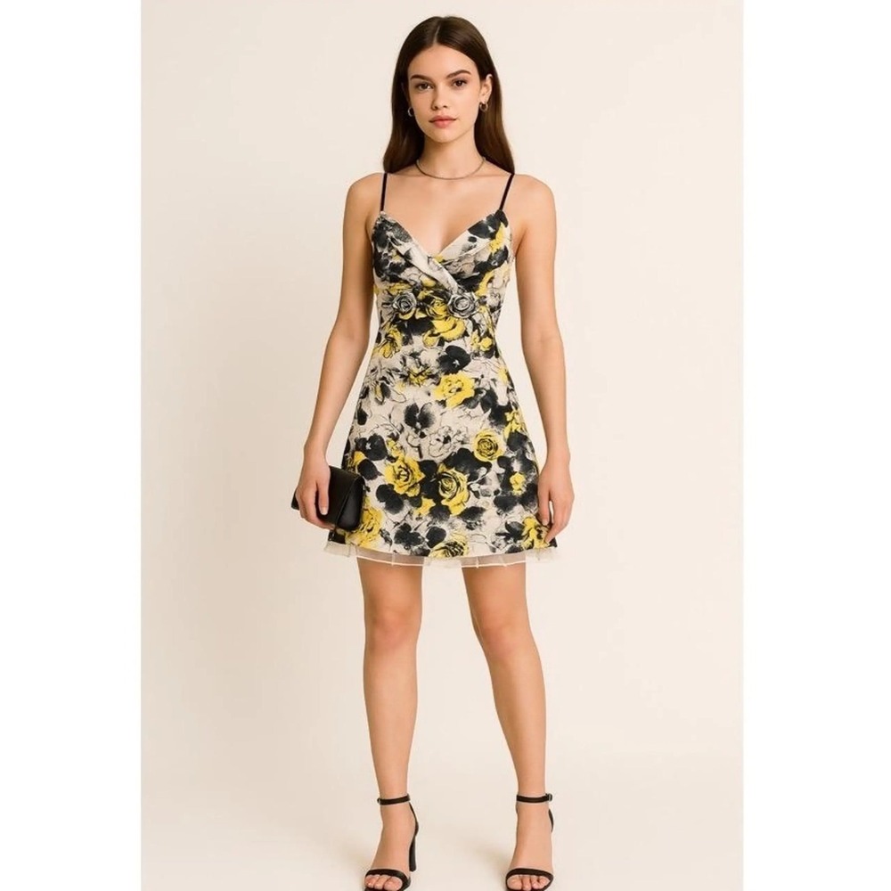 Ruby Rox Floral Dress 11 Yellow Black White Rosette Bow Fit Flare 90s Y2K Empire